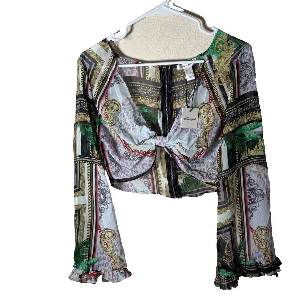 Revamped Blouse Women's XL Cropped Sheer Flare Ruffle Twist Shirt Top